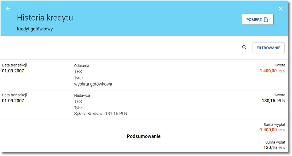 Po użyciu funkcji [HISTORIA] wyświetlone zostanie okno prezentujące listę operacji związanych z danym kredytem: Domyślny zakres dat, dla których wyświetlana jest historia operacji, to data ostatniej