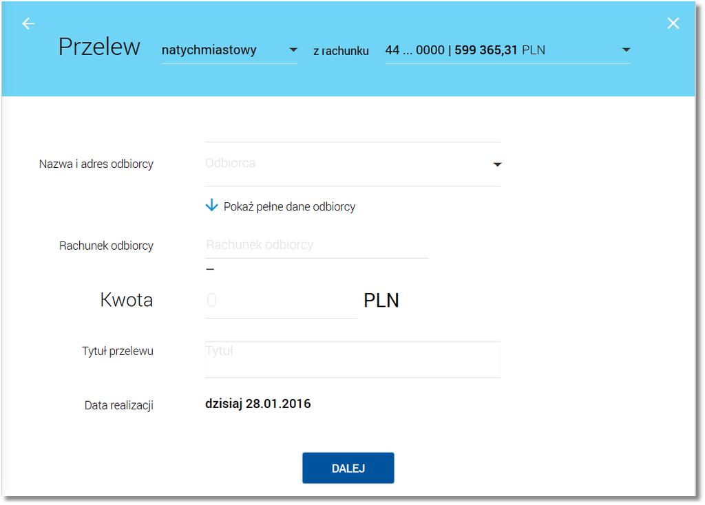 [POTWIERDZENIE] - umożliwia wydruk potwierdzenia przekazania płatności do realizacji w formacie PDF, [ZAPISZ JAKO SZABLON] - umożliwia zapis płatności jako szablon, [WRÓĆ DO PULPITU] - umożliwia