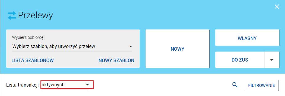 Podczas składania dyspozycji w polu Z rachunku prezentowane są wszystkie aktywne rachunki bieżące udostępnione w kanale bankowości elektronicznej dla Użytkownika, w polu Na rachunek prezentowana jest
