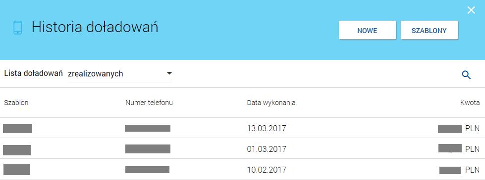 Zlecenie doładowania Użytkownik ma możliwość zlecenia doładowania wybranego numeru telefonu z wykorzystaniem zdefiniowanych szablonów doładowań lub też ręcznie wprowadzonych danych.