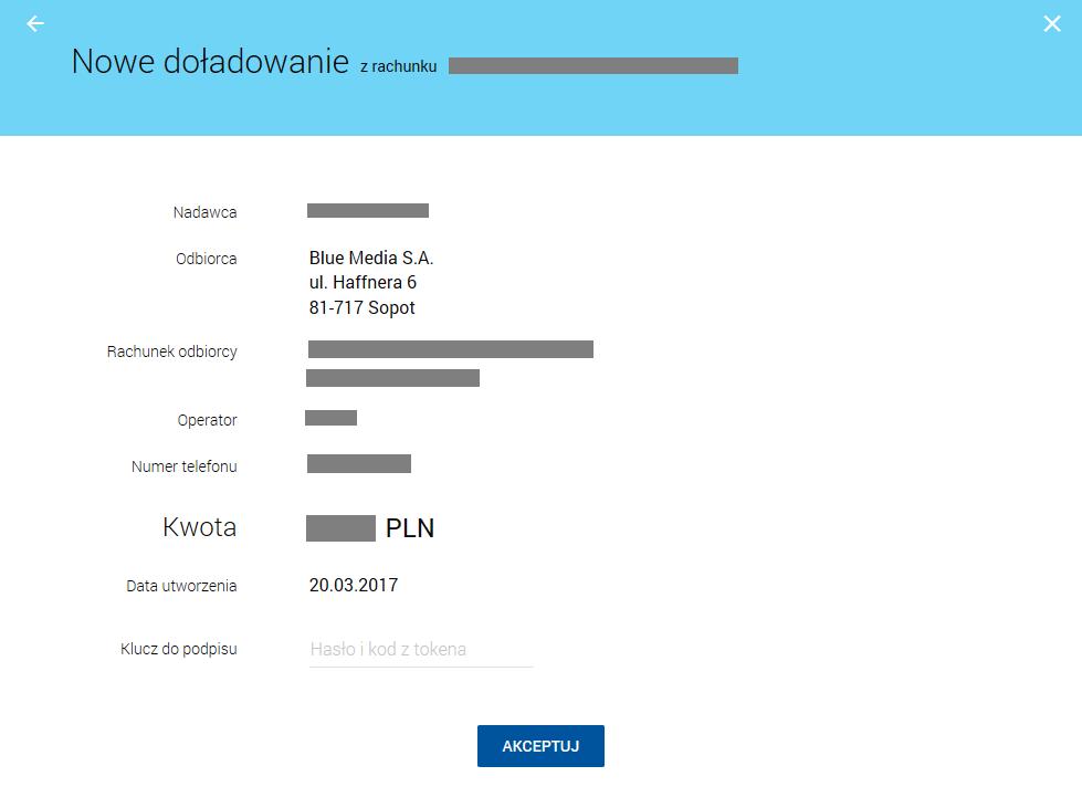 W celu doładowania telefonu należy użyć przycisku. Operacja wymaga autoryzacji.