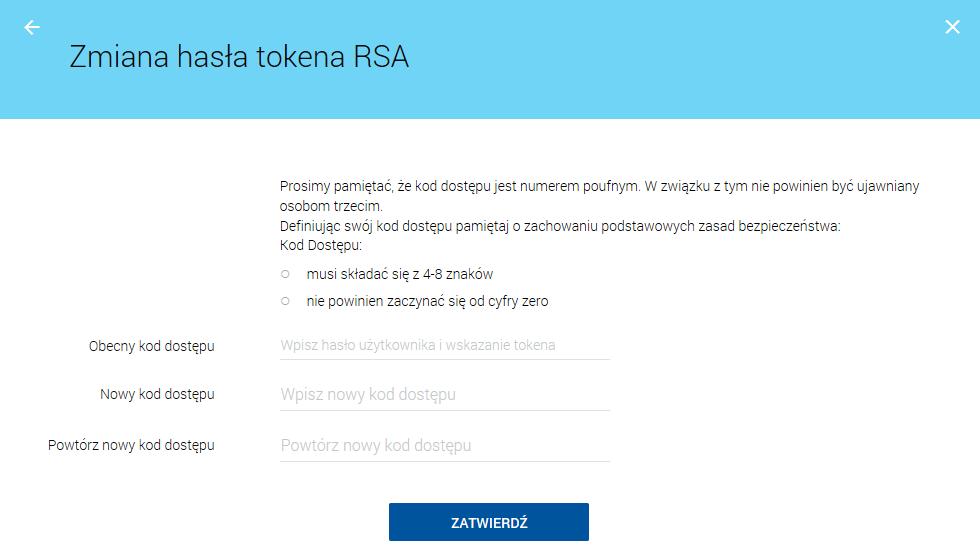 Zmiana hasła tokena RSA Opcja Zmiana hasła tokena RSA dostępna jest w systemie w przypadku kiedy autoryzacja dokonywana jest za pomocą tokena.