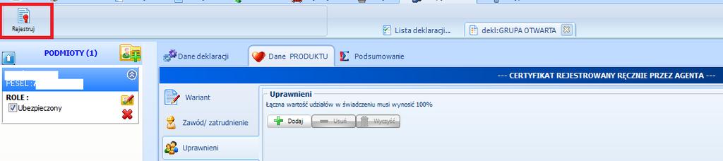 Lista deklaracji/ certyfikatów rejestruj certyfikat Po uzupełnieniu wszystkich danych należy wybrać opcję Uwaga!