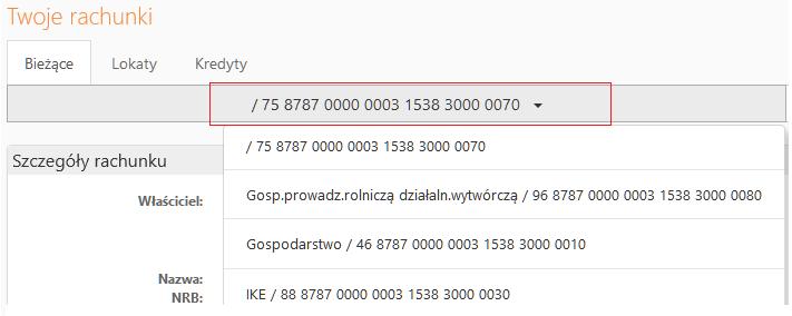 dostępnymi rachunkami. W zależności od wybranej zakładki program wyświetli odpowiednią listę Bieżące rachunki; Lokaty wszystkie aktywne lokaty, Kredyty kredyty.