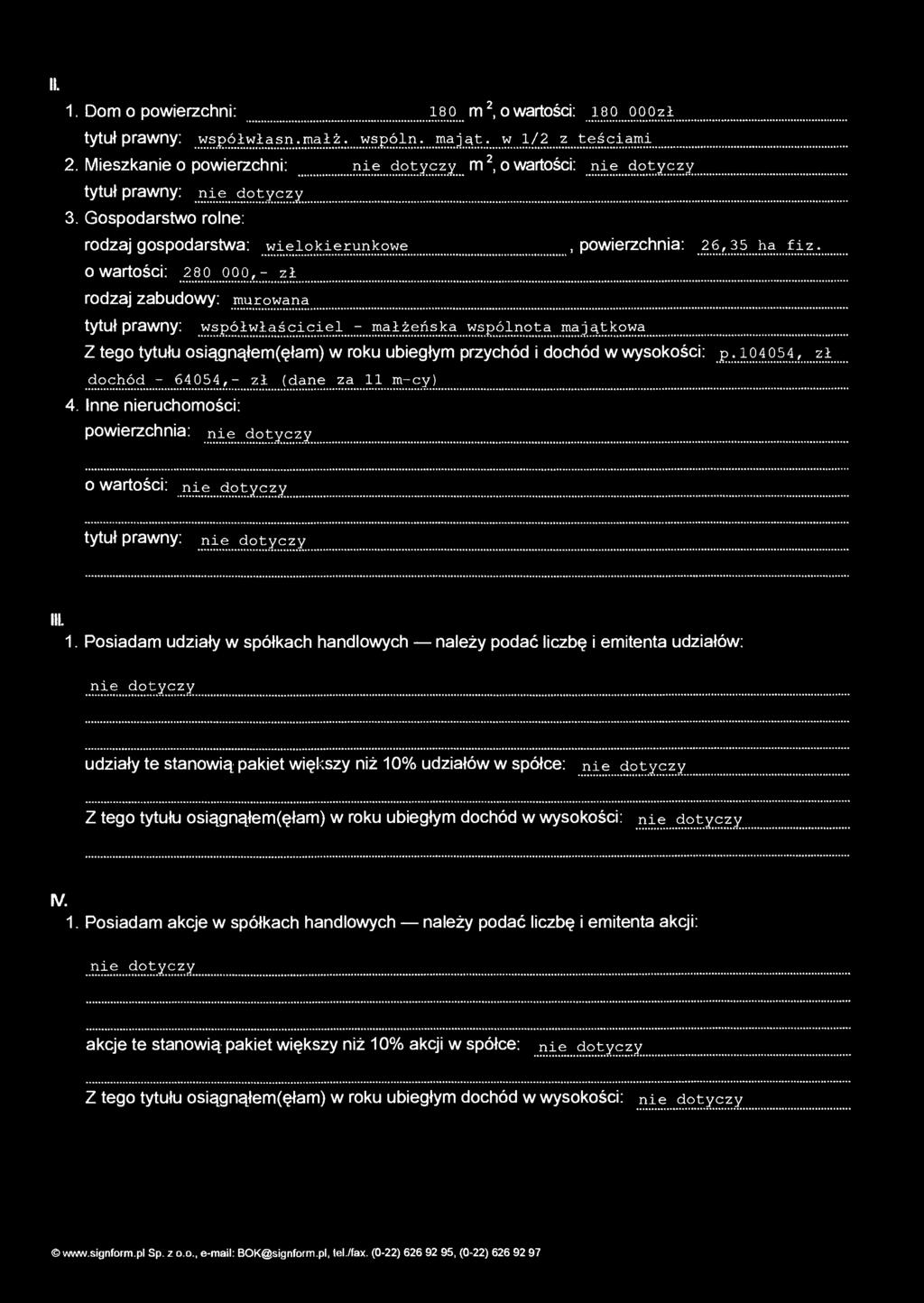 (i. 1. Dom o powierzchni: 18 o m 2, o wartości: lso ooozł tytuł prawny: współwłasn.małż. wspóln. mająt. w 1/2 z teściami 2. Mieszkanie o powierzchni: nie...dotyczy m 2, o wartości:.nie. dotyczy tytuł prawny: nie dotycz y 3.