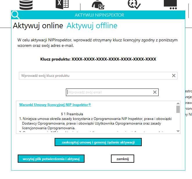 Należy wybrać opcję aktywuj offline. Tutaj należy wprowadzić klucz licencyjny oraz adres e-mail, na który są wysyłane powiadomienia o aktualizacjach.