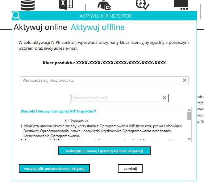 Należy wybrać opcję aktywuj offline. Tutaj należy wprowadzić klucz licencyjny oraz adres e-mail, na który są wysyłane powiadomienia o aktualizacjach.