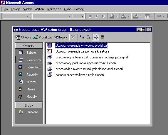 7. Obiekt bazy danych kwerenda Kwerenda inaczej zapytanie. Kwerendy tworzymy najczęściej na podstawie tabel, ale również innych kwerend lub kwerend i tabel. Są one obiektami źródłowymi dla kwerendy.
