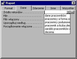 Wybór źródła rekordów dla raportu. 4. Zamykamy okienko właściwości raportu.