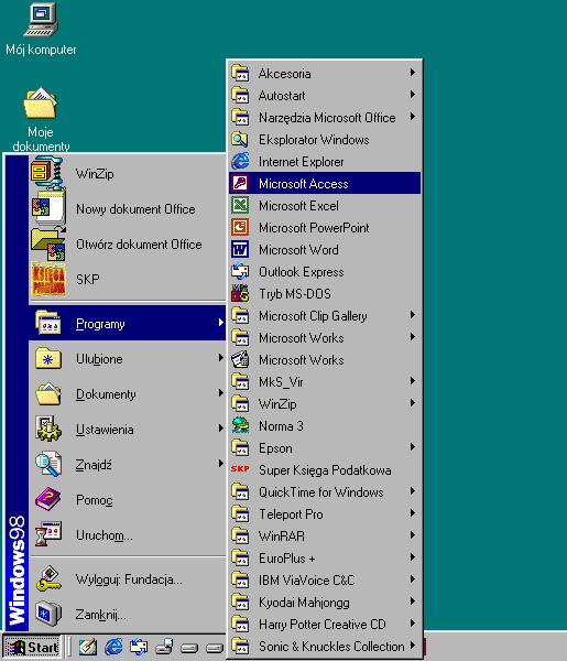 2. Uruchamianie programu MsAccess2000 Jednym z takich programów jest MsAccess 2000, należący do pakietu MsOffice. Z menu Start wybieramy Programy następnie Microsoft Access. 1.