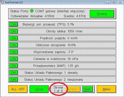 Rys. 5 - Program SCANTOOL v1.13pl - Podgląd parametrów pracy silnika na biegu jałowym.