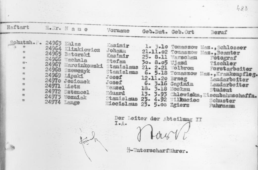 Strona wykazu nowo przywiezionych więźniów z 20 grudnia 1941 r.