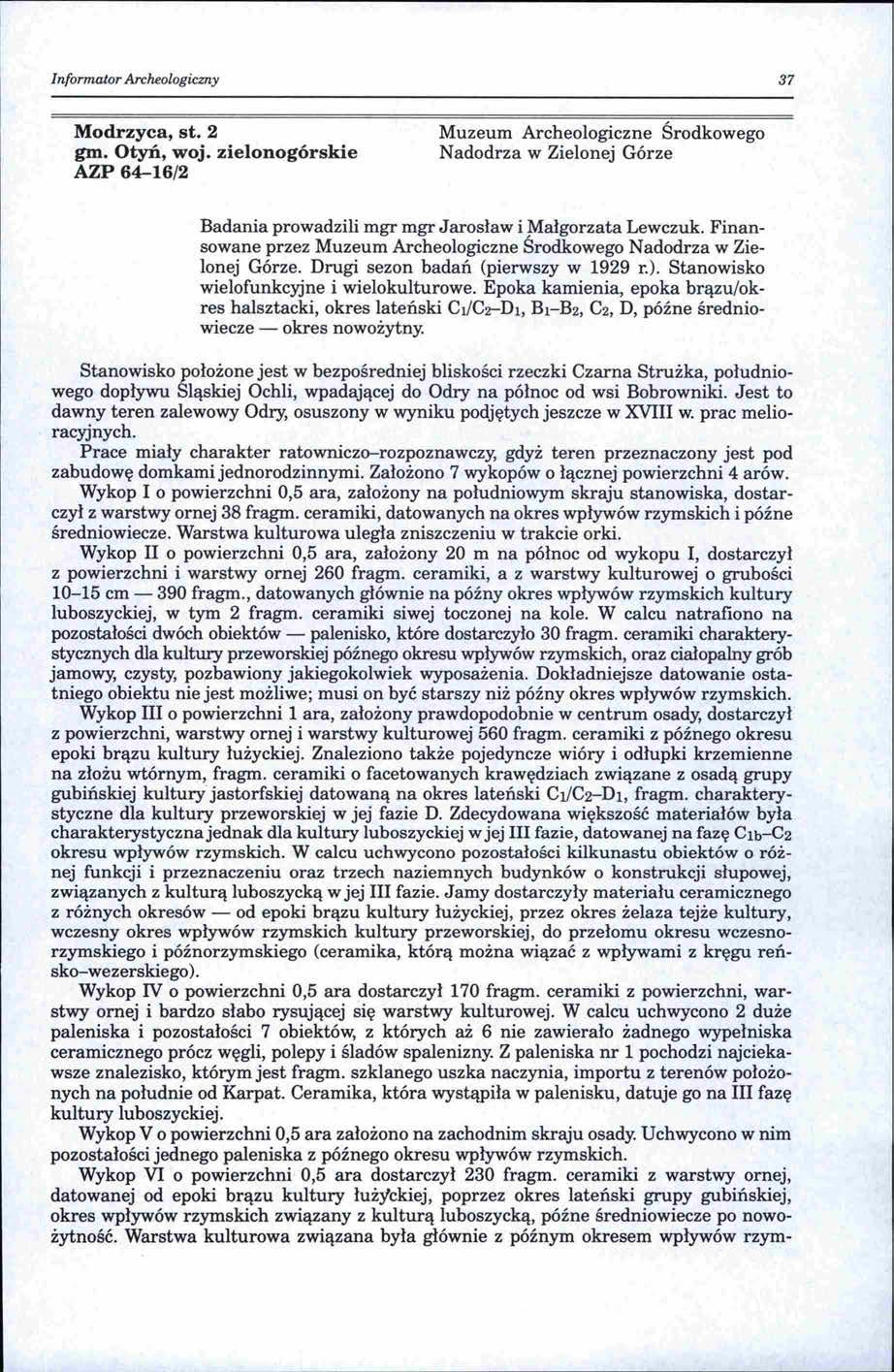 Informator ArcMologiczny 37 Modrzyca, st. 2 gm. Otyń, woj.