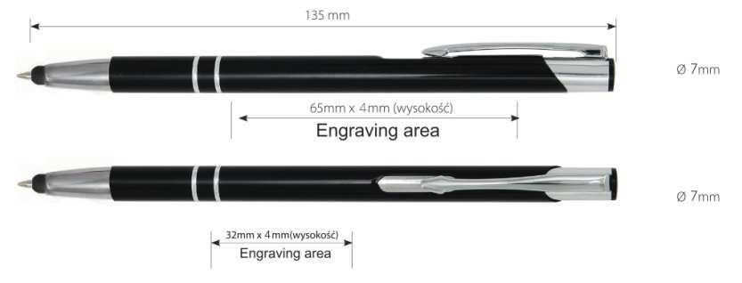 Grawer max 65 x 4 mm (z boku) lub 32 x 4 mm (pod klipsem), kolor graweru biały, na białym długopisie srebrny. 100 szt. 1,70 zł 170 zł + 0,16 zł 300 szt.