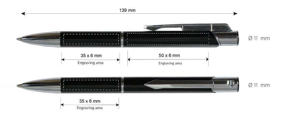 Grawer max 35 x 6 mm (dolna część długopisu) lub 50 x 6 mm (obok klipsa), kolor graweru biały. 5 szt.