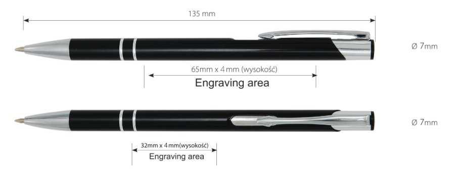 niebieski. Grawer max 65 x 4 mm (z boku) lub 32 x 4 mm (pod klipsem), kolor graweru biały, na białym długopisie srebrny. 100 szt. 1,52 zł 152 zł + 0,16 zł 300 szt.
