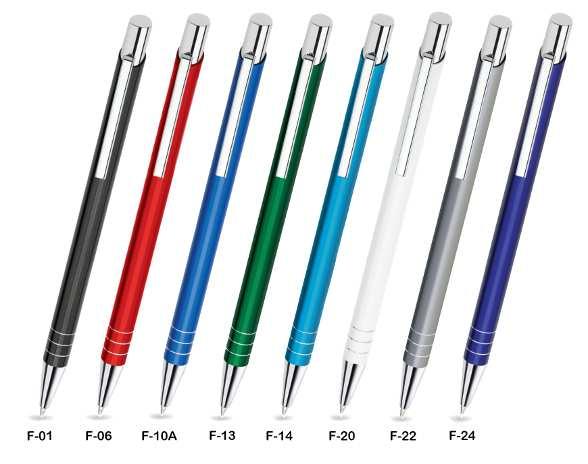 DŁUGOPISY METALOWE FIT SLIM Cienki długopis - średnica 7 mm F-01 czarny błyszczący F-06 czerwony matowy F-10A niebieski matowy F-13 ciemnozielony błyszczący F-14
