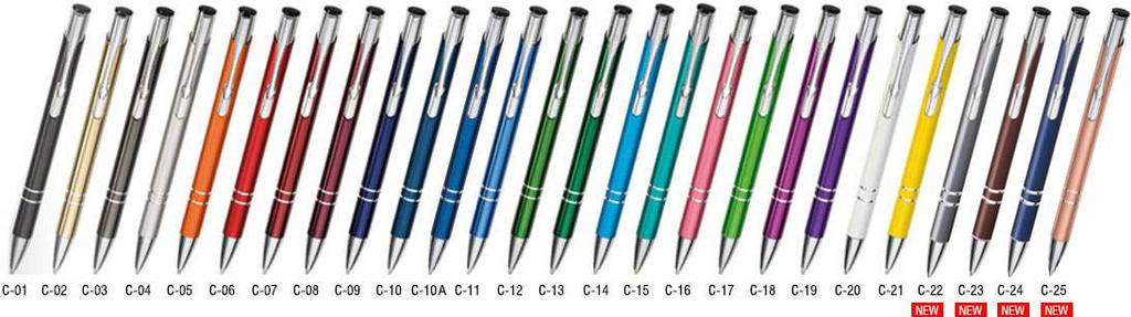DŁUGOPISY METALOWE COSMO Długopisy matowe: C-04 srebrny, C-05 pomarańczowy, C-06 czerwony, C-10 ciemnoniebieski, C-10A niebieski, C-14 turkusowy, C-15 aquamarina, C-16 różowy, C-22 szary, C-23