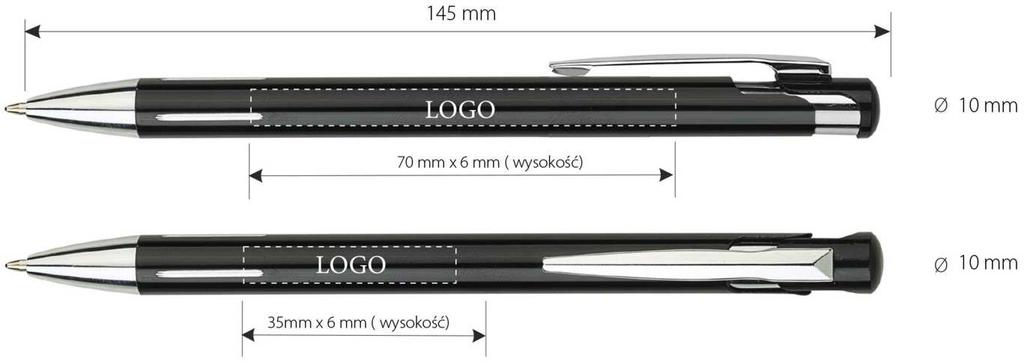 Grawer max 70 x 6 mm (z boku) lub 35 x 6 mm (pod klipsem), kolor graweru biały. 100 szt.