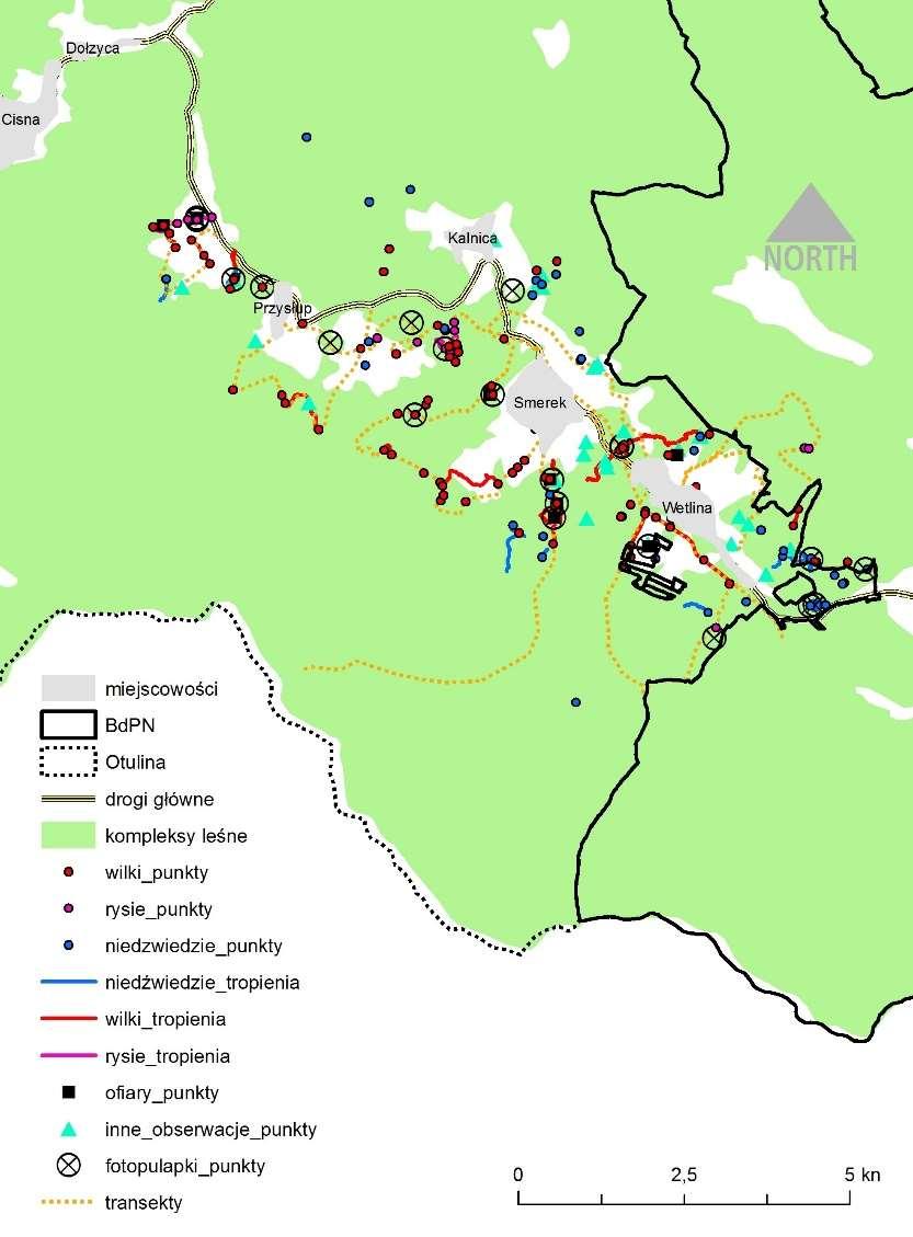 Ryc.2 Działania monitoringowe w okresie 2016-10 do 2017-01. MONITORING WILKÓW Uzyskane dane wskazują na występowanie na opisywanym terenie grupy rodzinnej składającej się z 7 wilków.