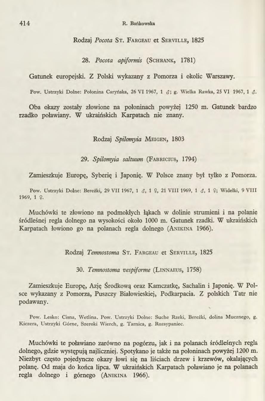 414 R. Bańkowska Rodzaj Pocota S t. F argeau et Serville, 1825 28. Pocota apiformis (S chrank, 1781) Gatunek europejski. Z Polski wykazany z Pomorza i okolic Warszawy. Pow.