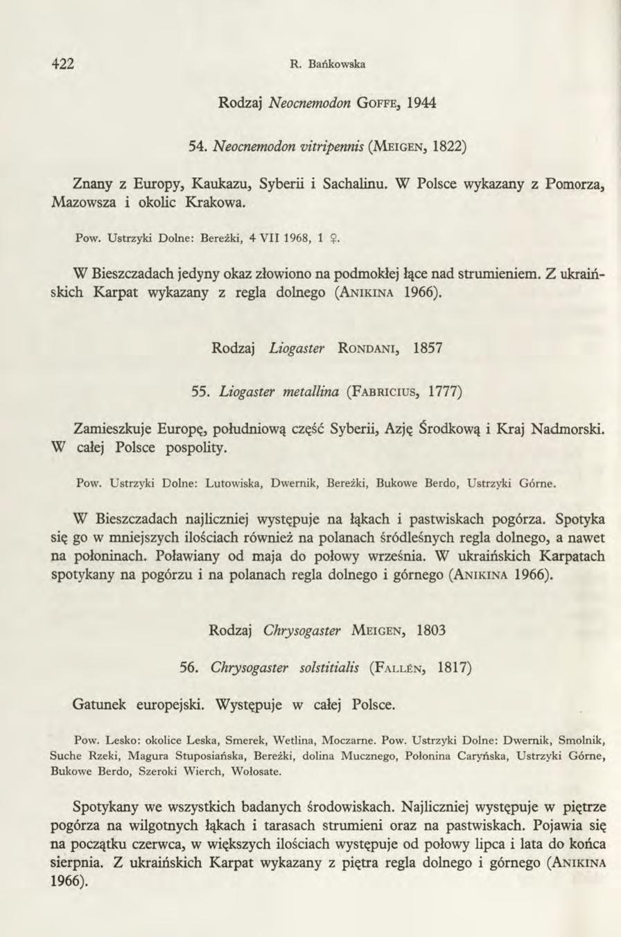 422 R. Bańkowska Rodzaj Neocnemodon G o f fe, 1944 54. Neocnemodon vitripennis (M eigen, 1822) Znany z Europy, Kaukazu, Syberii i Sachalinu. W Polsce wykazany z Pomorza, Mazowsza i okolic Krakowa.