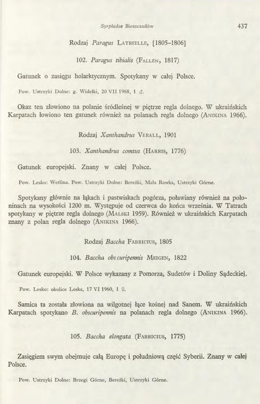 Syr phi dae Bieszczadów 437 Rodzaj Paragus L a treille, [1805-1806] 102. Paragus tibialis ( F a l l e n, 1817) Gatunek o zasięgu holarktycznym. Spotykany w całej Polsce. Pow. Ustrzyki Dolne: g.