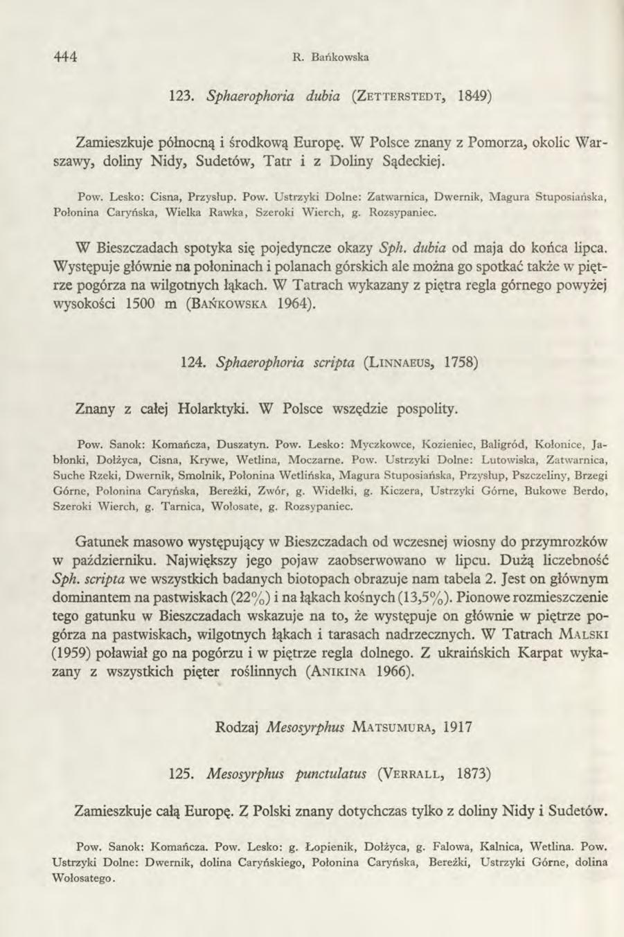 444 R. Bańkowska 123. Sphaerophoria dubia (Zetterstedt, 1849) Zamieszkuje północną i środkową Europę. W Polsce znany z Pomorza, okolic Warszawy, doliny Nidy, Sudetów, T atr i z Doliny Sądeckiej. Pow.