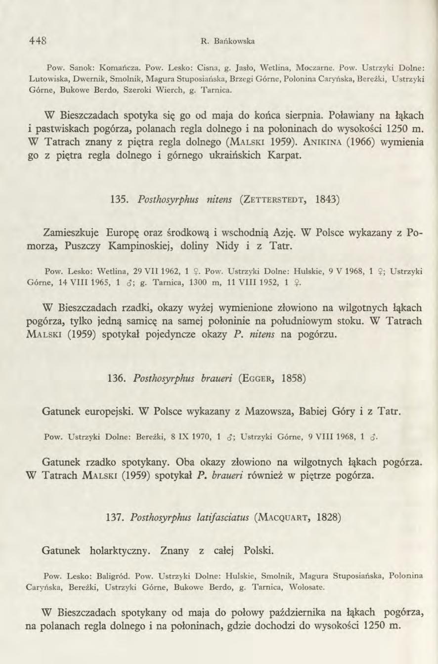 448 R. Bańkowska Pow. Sanok: Komańcza. Pow. Lesko: Cisną, g. Jasło, Wetlina, Moczarne. Pow. Ustrzyki Dolne: Lutowiska, Dwernik, Smolnik, Magura Stuposiańska, Brzegi Górne, Połonina Caryńska, Bereżki, Ustrzyki Górne, Bukowe Berdo, Szeroki Wierch, g.