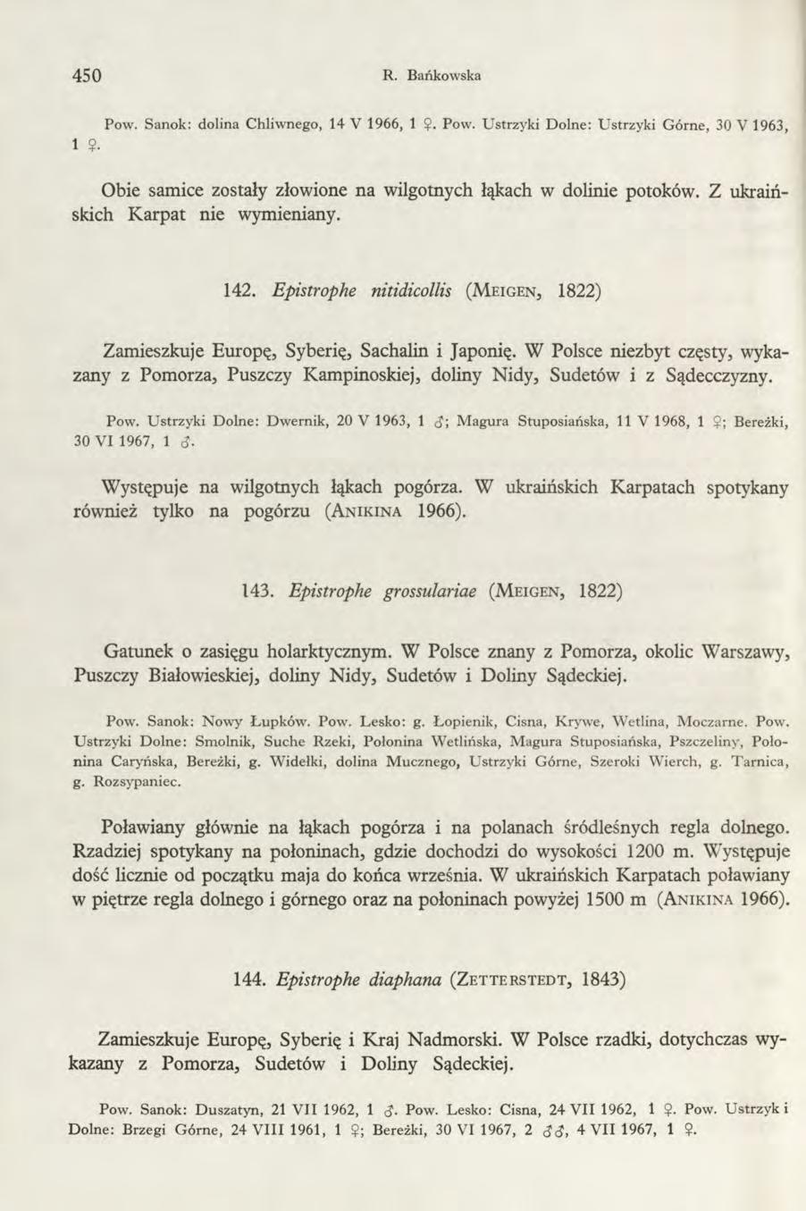 450 R. Bańkowska 1? Pow. Sanok: dolina Chliwnego, 14 V 1966, 1?. Pow. Ustrzyki Dolne: Ustrzyki Górne, 30 V 1963, Obie samice zostały złowione na wilgotnych łąkach w dolinie potoków.