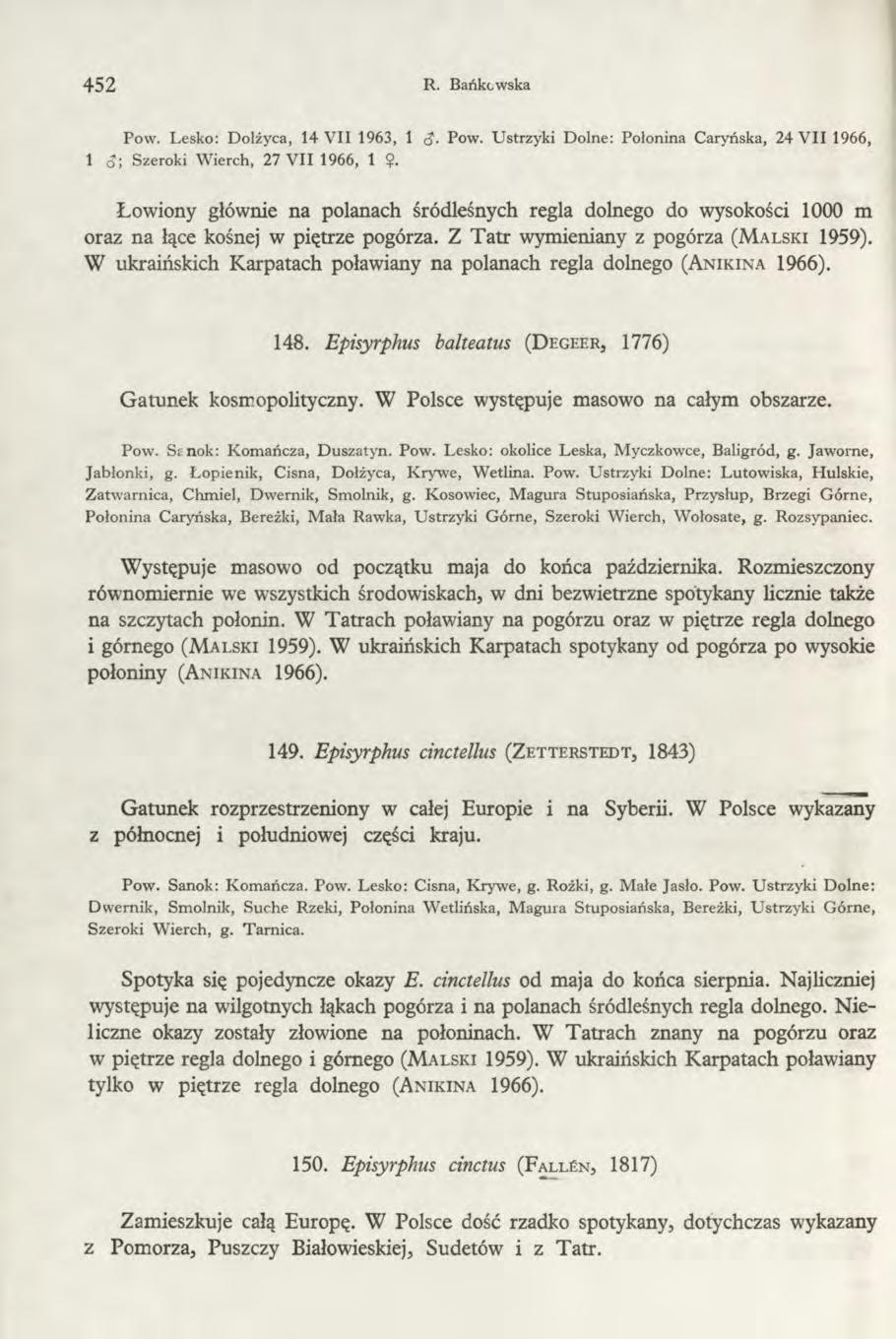 452 R. Bańkowska Pow. Lesko: Dolżyca, 14 VII 1963, 1 <$. Pow. Ustrzyki Dolne: Połonina Caryńska, 24 V II 1966, 1 cj; Szeroki Wierch, 27 V II 1966, 1?
