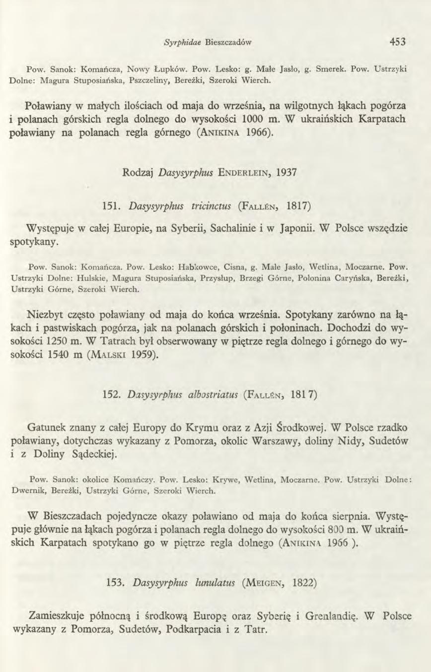 Syrphidae Bieszczadów 453 Pow. Sanok: Komańcza, Nowy Łupków. Pow. Lesko: g. Małe Jasło, g. Smerek. Pow. Ustrzyki Dolne: Magura Stuposiańska, Pszczeliny, Bereżki, Szeroki Wierch.