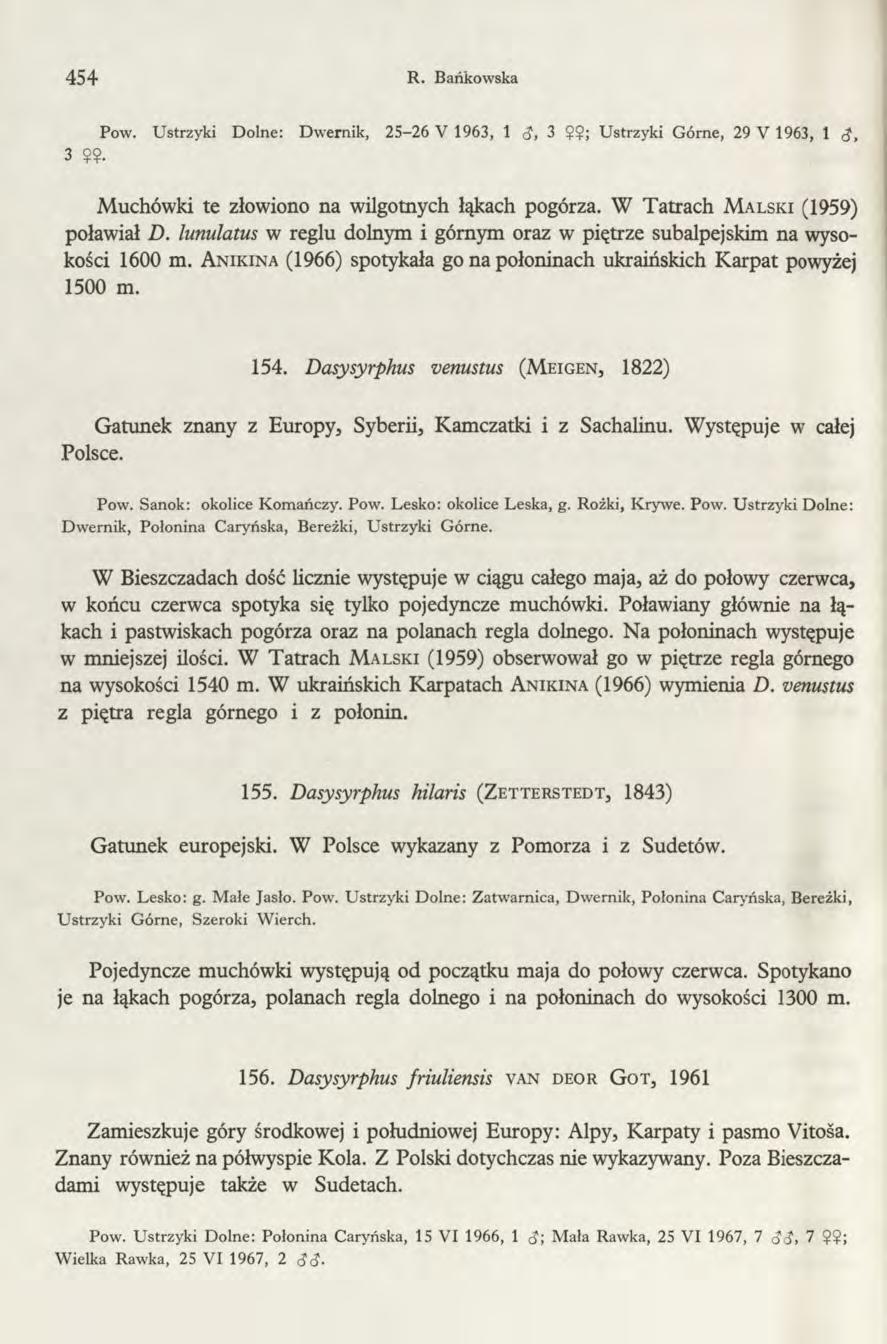 454 R. Bańkowska Pow. Ustrzyki Dolne: Dwernik, 25-26 V 1963, 1 <J, 3 Ustrzyki Górne, 29 V 1963, 1 <$, 3??. Muchówki te złowiono na wilgotnych łąkach pogórza. W Tatrach M a l s k i (1959) poławiał D.