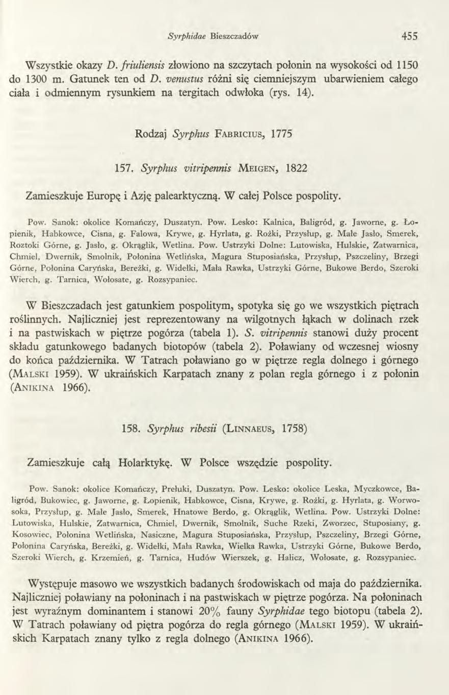 Syrphidae Bieszczadów 455 Wszystkie okazy D. friuliensis złowiono na szczytach połonin na wysokości od 1150 do 1300 m. Gatunek ten od D.