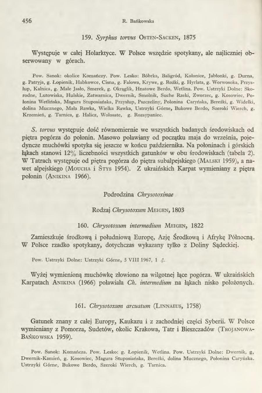 456 R. Bańkowska 159. Syrphus torvus O s t e n - S a c k en, 1875 Występuje w całej Holarktyce. W Polsce wszędzie spotykany, ale najliczniej obserwowany w górach. Pow.