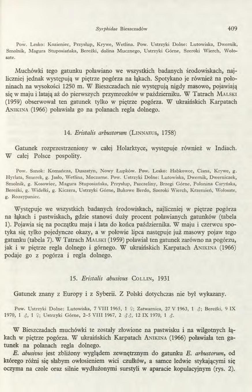 Syrphidae Bieszczadów 409 Pow. Lesko: Kozieniec, Przysłup, Krywe, Wetlina. Pow. Ustrzyki Dolne: Lutowiska, Dwernik, Smolnik, Magura Stuposiańska, Bereżki, dolina Mucznego, Ustrzyki Górne, Szeroki Wierch, Wolosate.