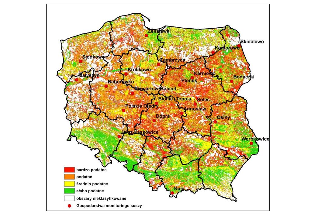 Mapa kategorii podatności gleb na suszę I - Bardzo lekka, grupa granulometryczna: II - Lekka, grupa granulometryczna: III - Średnia, grupa granulometryczna: IV - Ciężka, grupa granulometryczna: