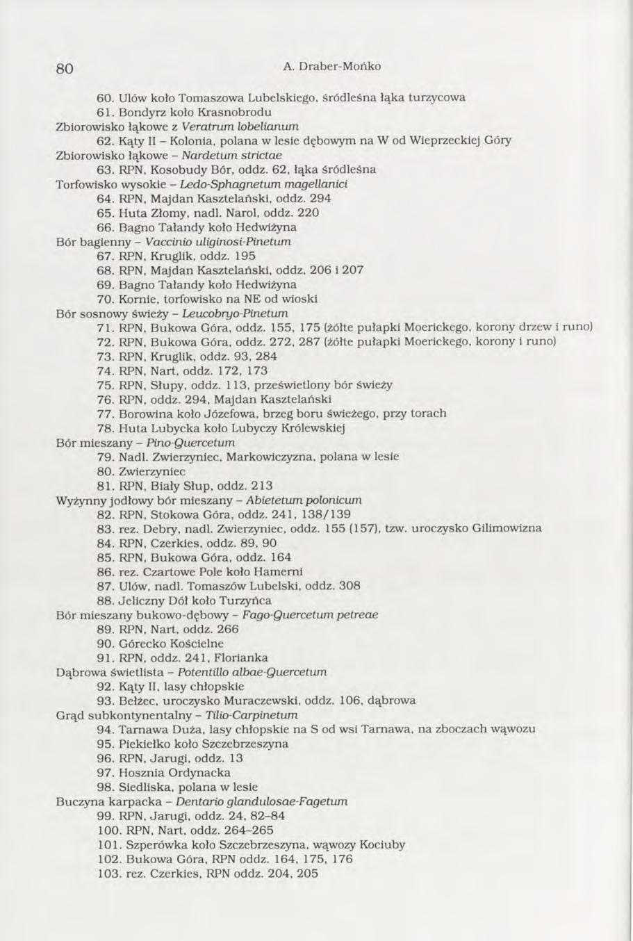 8 0 A. Draber-Mońko 60. Ułów koło Tom aszow a Lubelskiego, śródleśna łąka turzycow a 61. B ondyrz kolo K rasnobrodu Zbiorowisko łąkow e z Veratrum lobelianam 62.