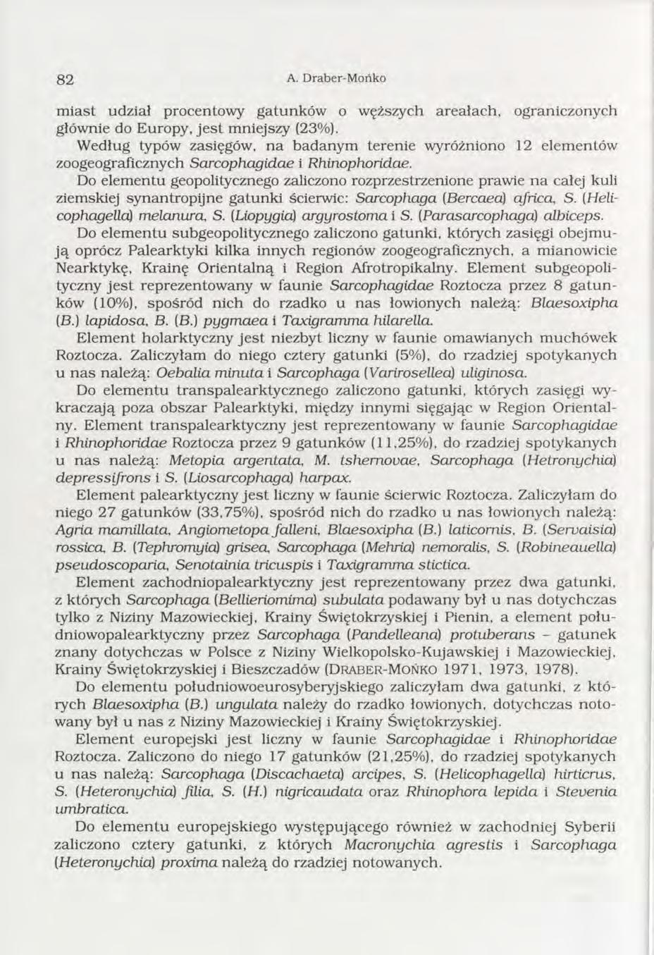 8 2 A. Draber-Mońko m iast udział procentowy gatunków o węższych areałach, ograniczonych głównie do Europy, je s t m niejszy (23%).