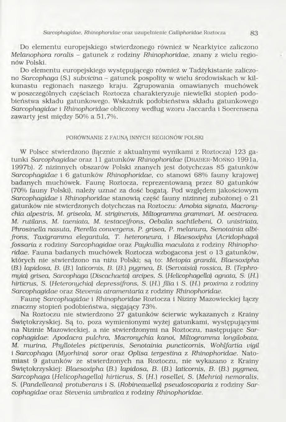 Sarcophagidae, Rhinophoridae oraz uzupełnienie Calliphoridae Roztocza 8 3 Do elem entu europejskiego stwierdzonego również w Nearktytce zaliczono M elanophora roralis - g a tu n e k z rodziny