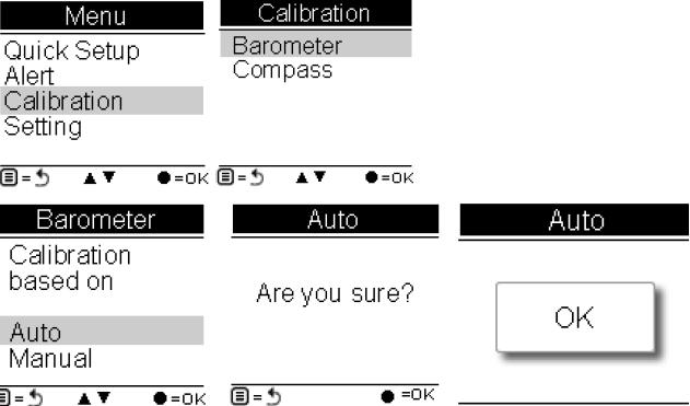 Kalibracja automatyczna: Główne menu -> Kalibracja -> Barometr -> Auto