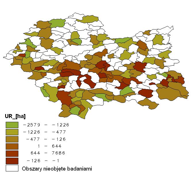 Analiza zmian struktury... Źródło: Badania własne, 2010 Rysunek 5. Zmiana powierzchni użytków rolnych badanego obszaru w latach 2000 2005 Figure 5.