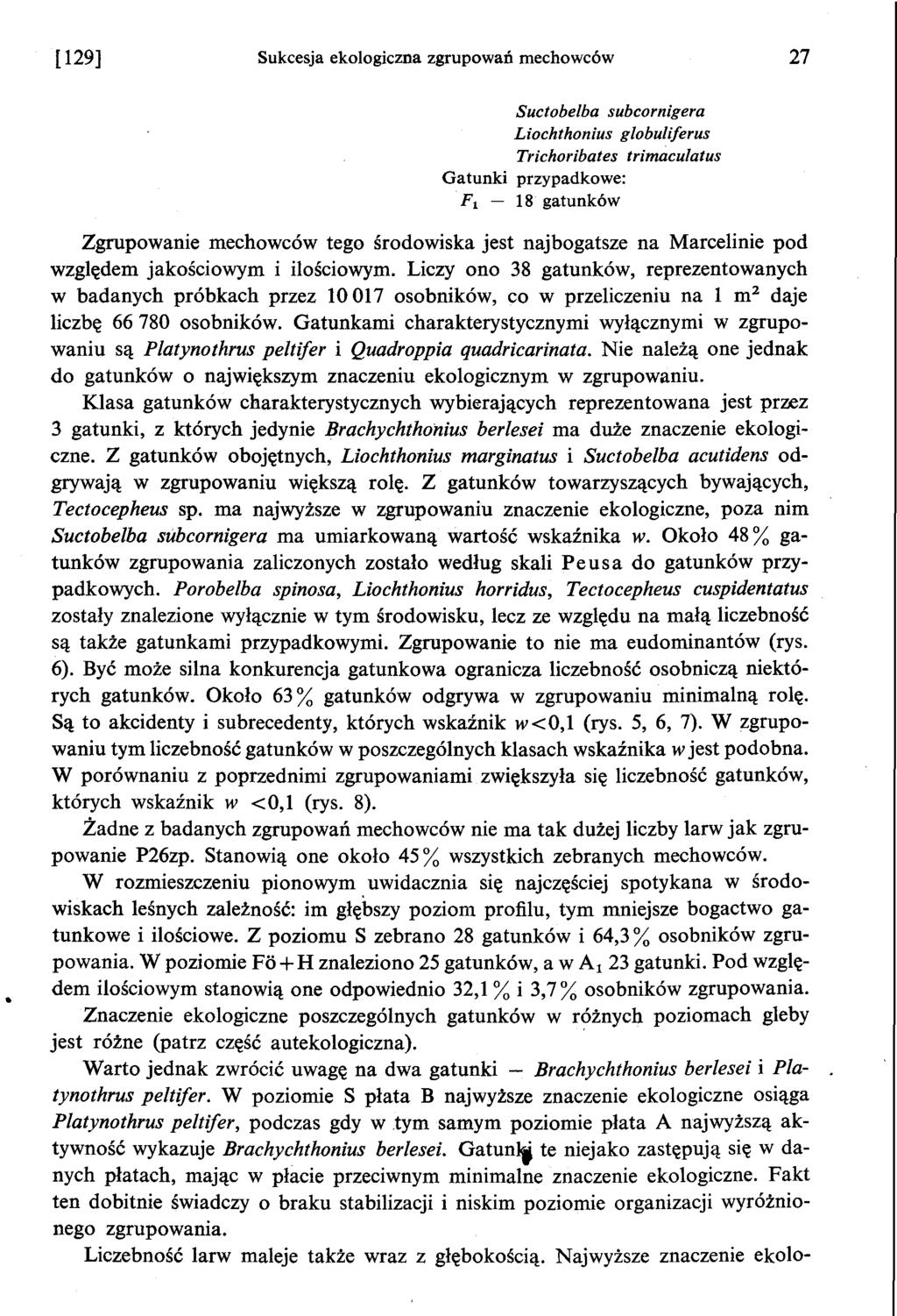 [ 129] Sukcesja ekologiczna zgrupowan mechowców 27 Suctobelba subcornigera Liochthonius globuliferus Trichoribates trimaculatus Gatunki przypadkowe: Fi - 18 gatunków Zgrupowanie mechowców tego