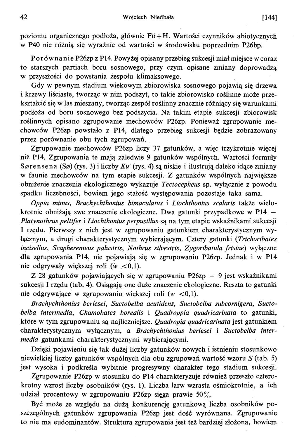 42 Wojciech Niedbala [144] poziomu organicznego podloza, glównie Fa +H. Wartosci czynników abiotycznych w P40 nie róznia sie wyraznie od wartosci w srodowisku poprzednim P26bp. Porównanie P26zp z P14.