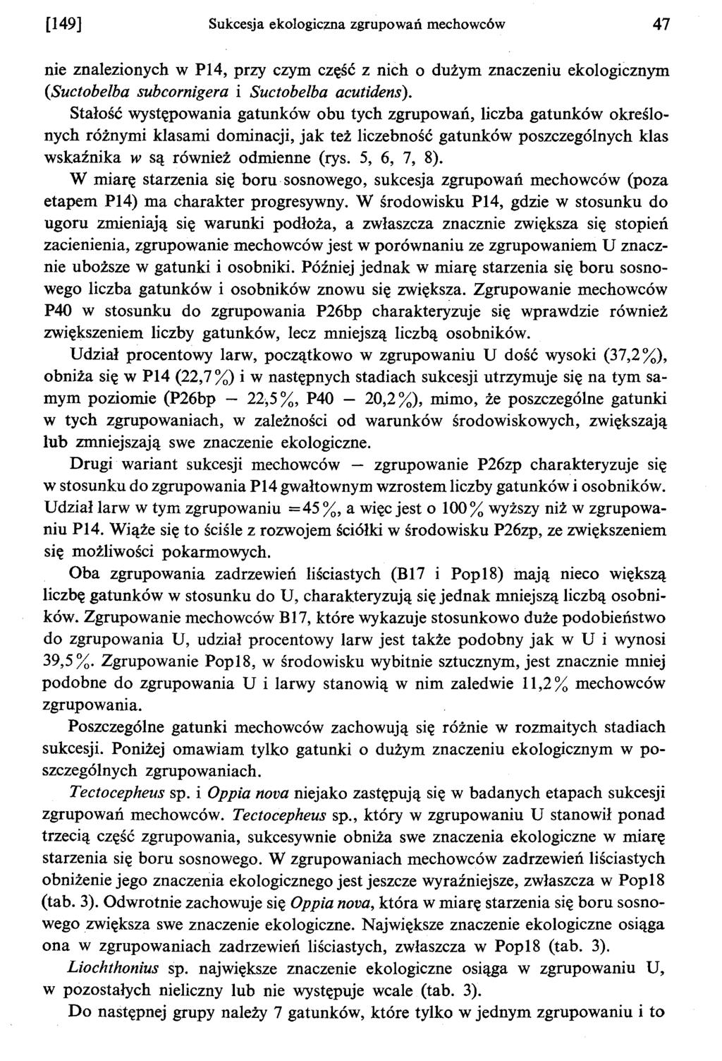 [149] Sukcesja ekologic;zna zgrupowan mechowców 47 nie znalezionych w P14, przy czym czesc z nich o duzym znaczeniu ekologicznym (Suctobelba subcornigera i Suctobelba acutidens).