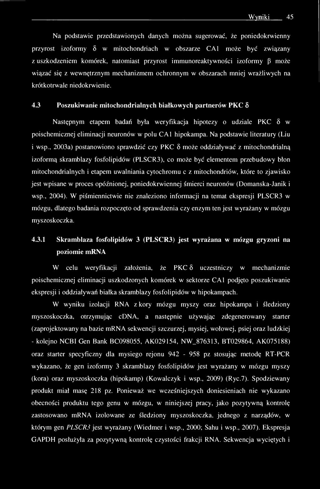 Wyniki 45 Na podstawie przedstawionych danych można sugerować, że poniedokrwienny przyrost izoformy 5 w mitochondriach w obszarze CA1 może być związany z uszkodzeniem komórek, natomiast przyrost