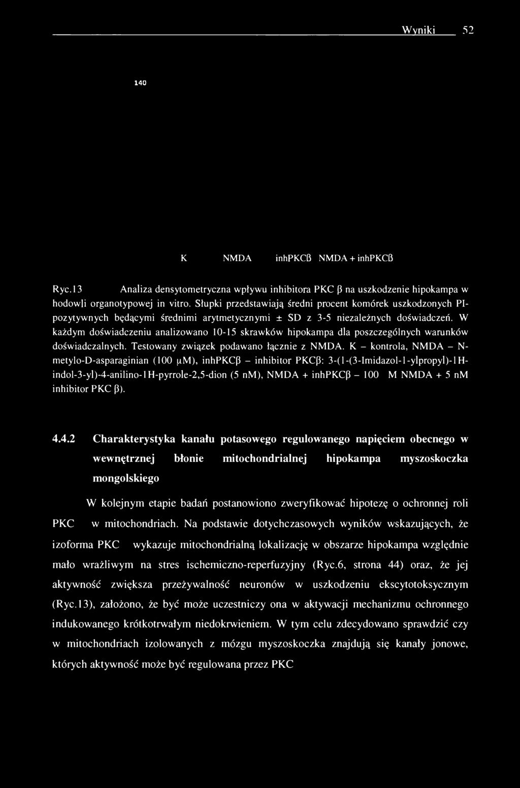 Wyniki 52 140 K NMDA inhpkcb NMDA + inhpkcb Ryc. 13 Analiza densytometryczna wpływu inhibitora PKC P na uszkodzenie hipokampa w hodowli organotypowej in vitro.