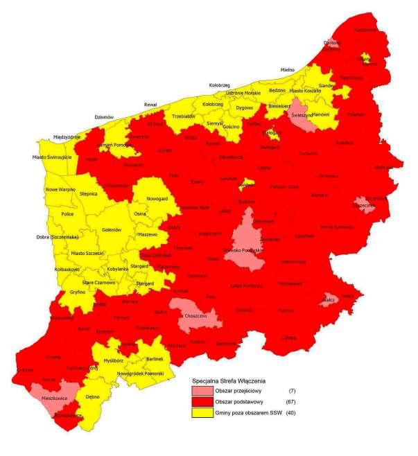 Mapa uwzględniająca Specjalną Strefę Włączenia: W ramach niniejszego konkursu uwzględniany jest obszar SSW obowiązujący w dniu ogłoszenia konkursu oraz nowe gminy