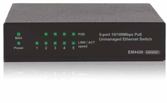 05 AKTYWNE URZĄDZENIA SIECIOWE PRZEŁĄCZNIKI FAST ETHERNET Z FUNKCJĄ PoE+ 5 portowy przełącznik Fast Ethernet z PoE+ 5 portów 10/100Base-T, w tym 4 porty PoE (-5) Budżet PoE: maks. 30W na port, maks.