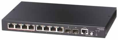 ZARZĄDZALNE PRZEŁĄCZNIKI GIGABIT ETHERNET Z PoE+ 10 portowy przełącznik Gigabit Ethernet z PoE+ 8 portów 10/100/1000Base-T, w tym 4 porty PoE, porty SFP (GE), 1 port konsoli (RJ45) Budżet PoE: maks.